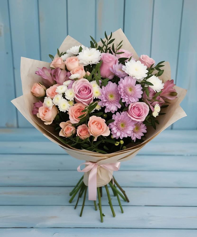 Букет цветов из: Хризантемы, Розы и Альстромерии в Горный Тульская область