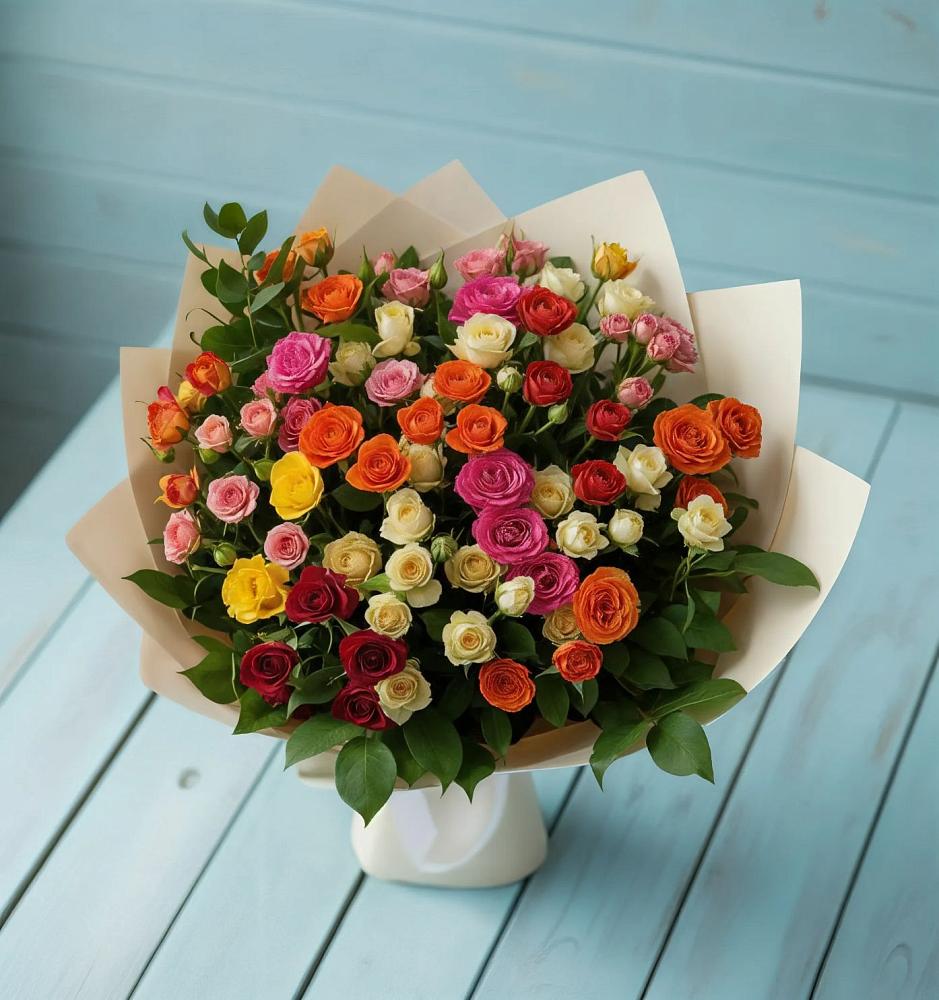 Букет Микс из разноцветных кустовых роз в Горный Тульская область