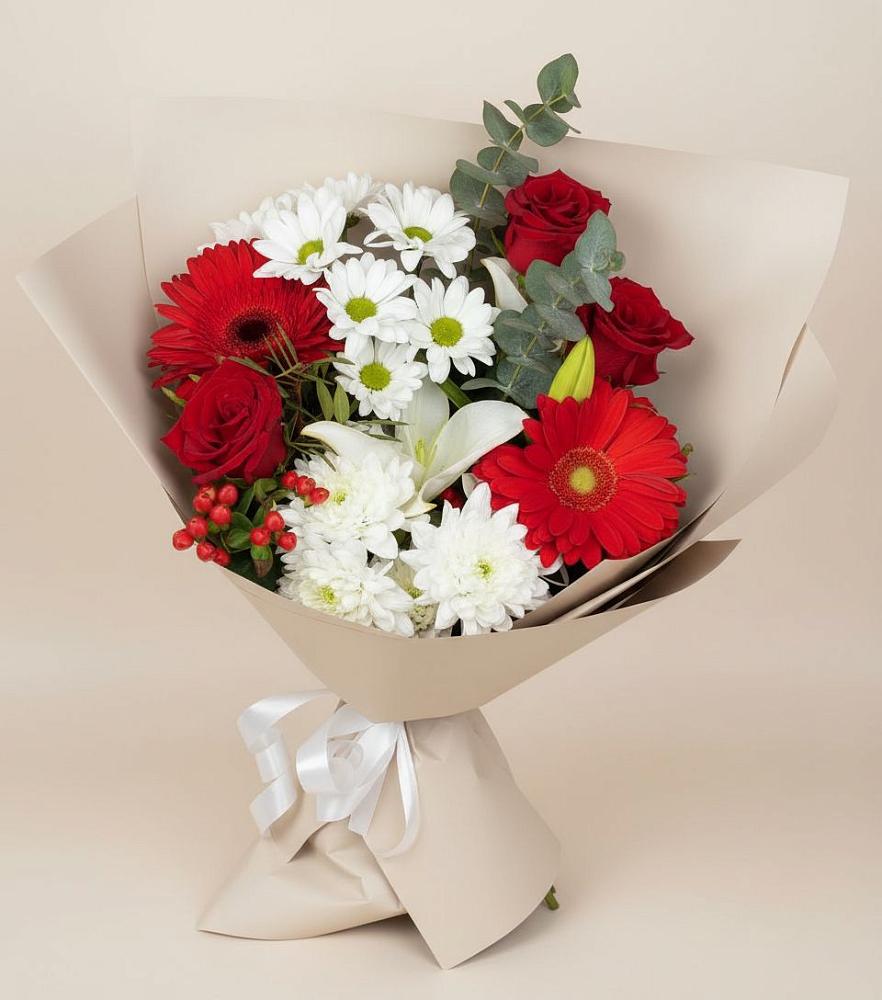 Букет цветов из: Розы, Хризантемы, Герберы и Лилии в Горный Тульская область